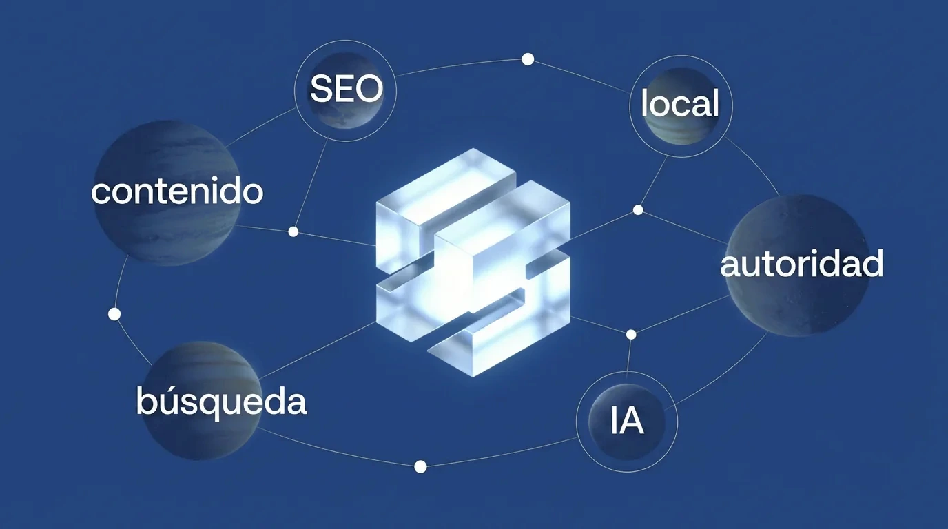 Constelación de keywords: SEO, contenido, búsqueda, IA, autoridad y local conectados