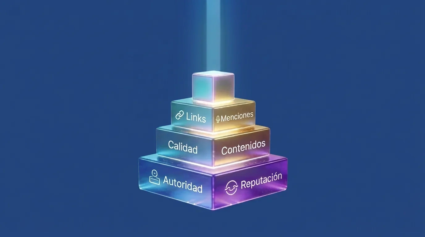 Torre de autoridad digital con capas de links, menciones, contenidos y reputación